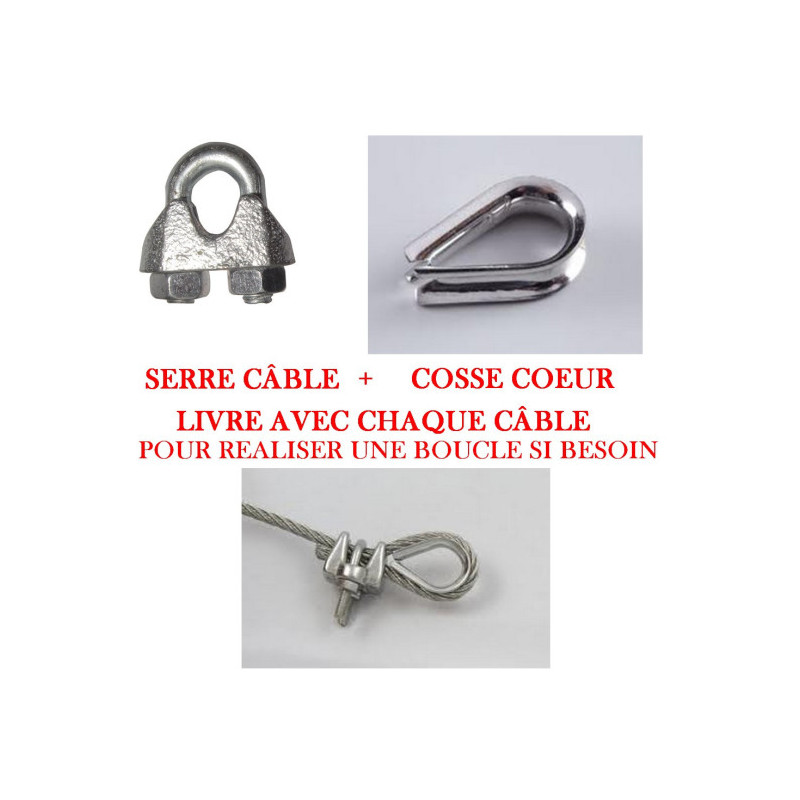 Câble acier de diamètre 3 mm avec boucle et manchon serti pour portes